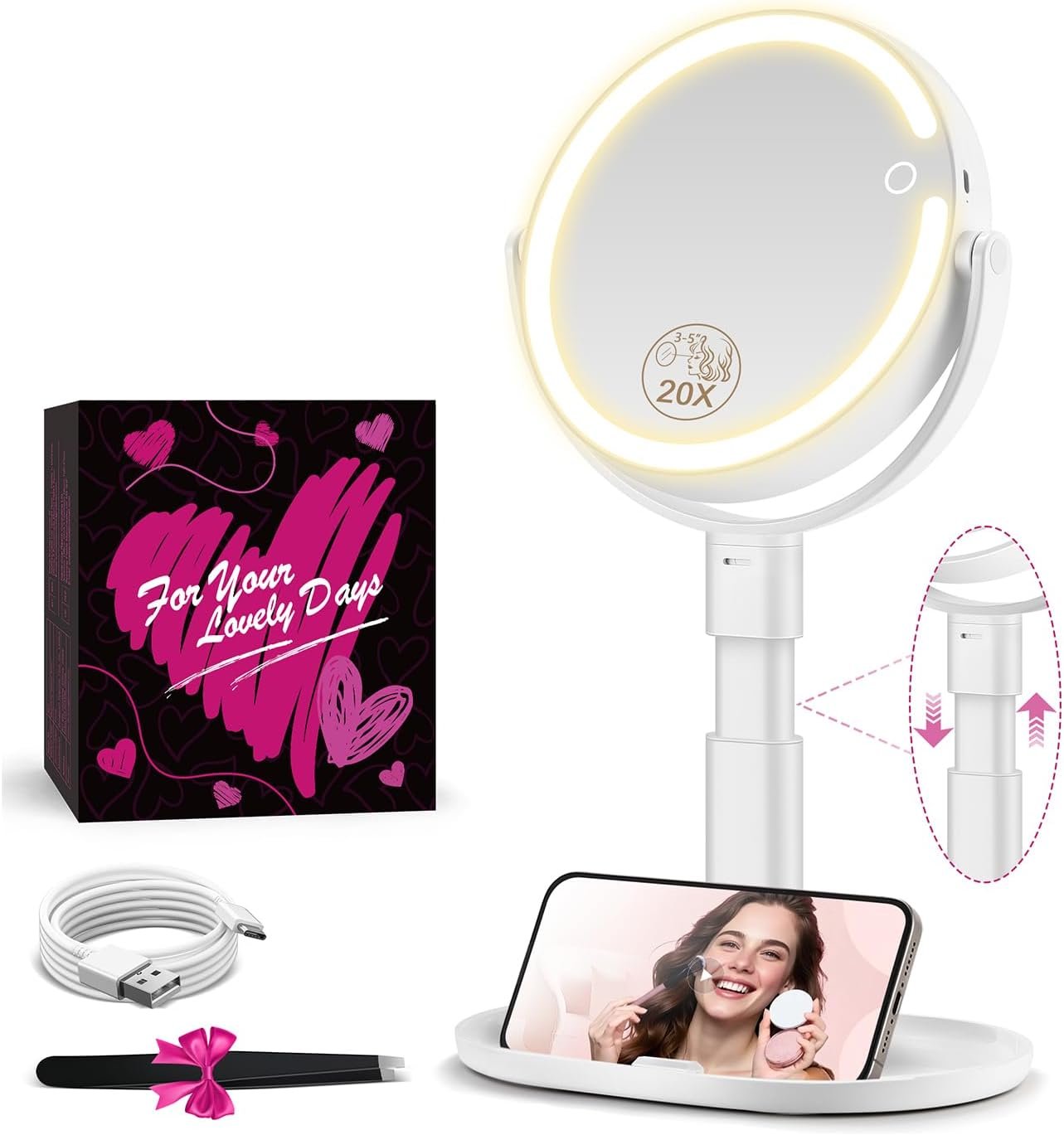 Makeup Mirror with Lights, 20X Magnifying Mirrors, Height Adjustable, Vanity Mirror with Lights Rechargeable 3 Color Modes, Double-Sided Detachable Travel Mirrors, Gift for Women (White)