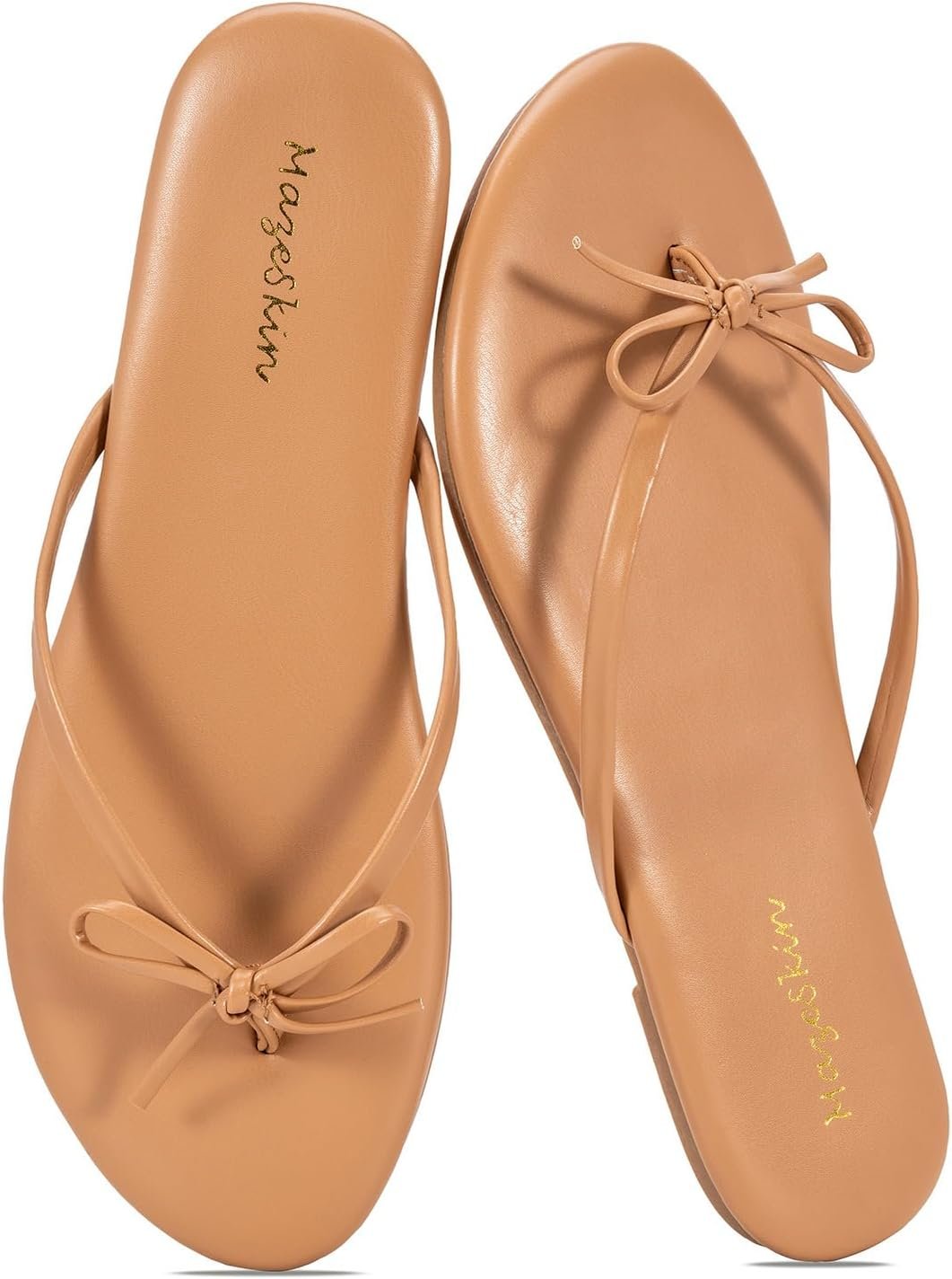 mazeskin Womens Bow Flip Flops Memory Foam Thong Sandals | Vegan Leather Cushioned Summer Cute Flat Slim Slide Non Slip Dressy Shoes for Casual Beach Vacation