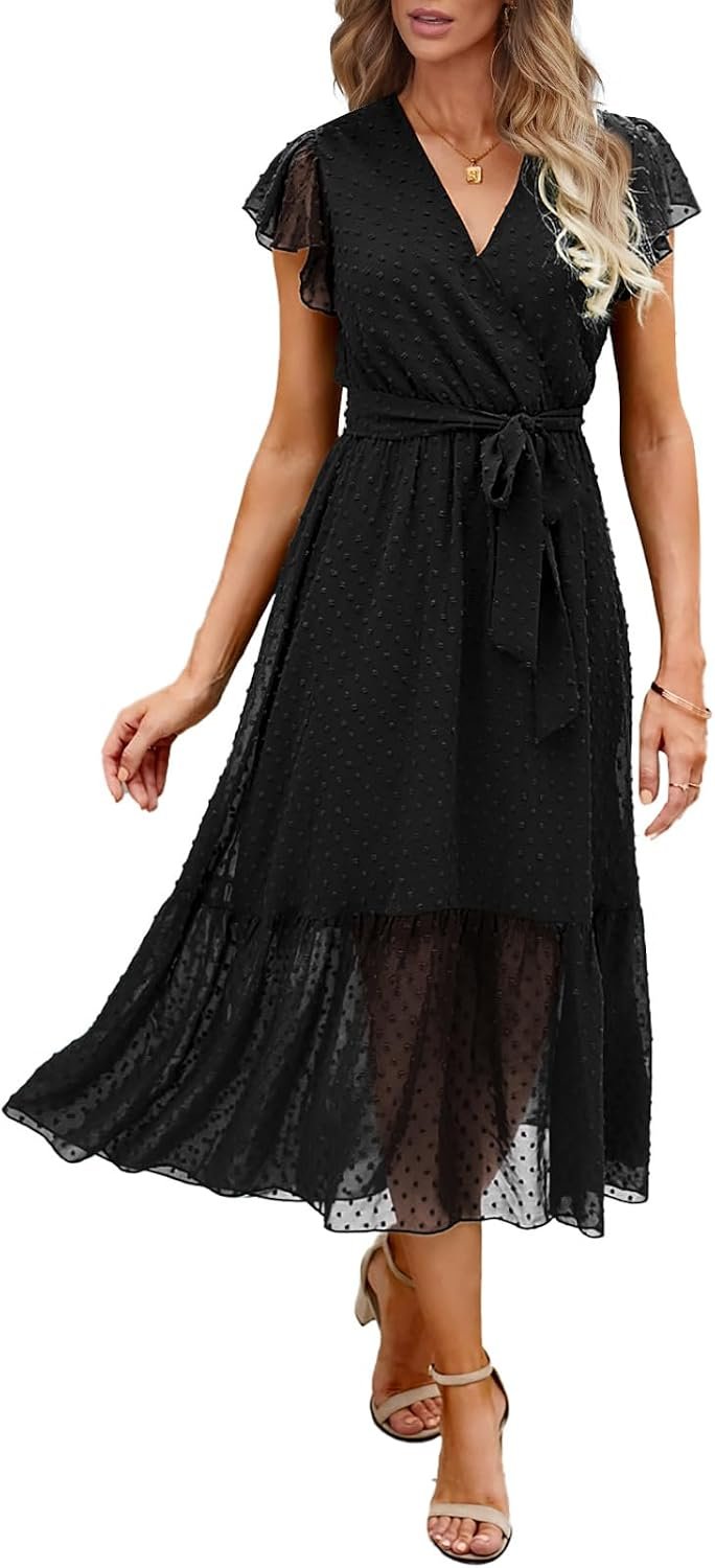 BTFBM Women Summer Bohemian Floral Casual Wrap V Neck Ruffle Cap Sleeveless Belt A-Line Pleated Hem Midi Sun Dress White | Fall Swiss Dots A-line Long Wedding Guest Dresses,Elegant Floral Boho Sundress With Pockets,Spring Beach Vacation Clothes