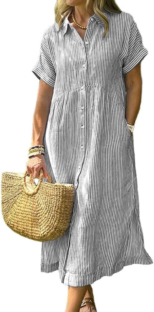 chouyatou Women’s Summer Striped Midi Long Shirt Dress Casual Loose Short Sleeve Button Down Dress