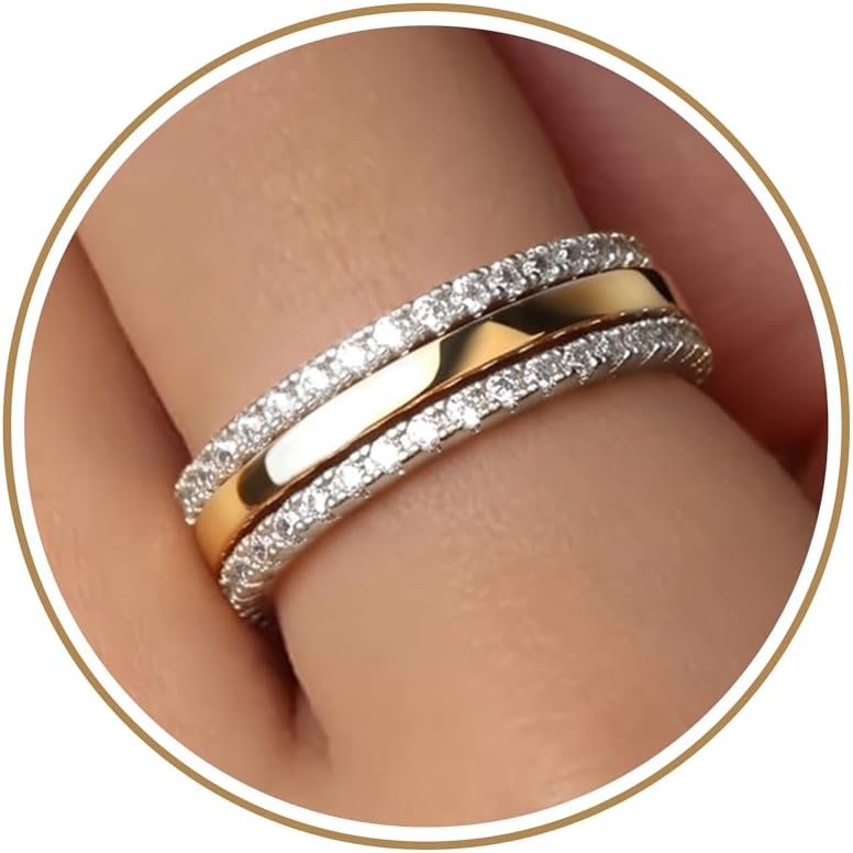 Purplepig Stackable Rings Non Tarnish, Two Tone CZ Eternity Band Set | 14K Gold & 925 Sterling Silver Plated, Waterproof, Wedding/Engagement/Promise Rings, Smart Ring Stackable Bands, Size 4-11