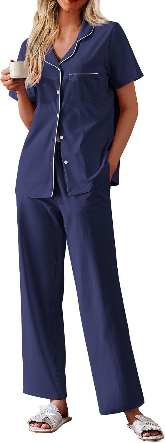 Ekouaer Women’s 100% Cotton Pajamas Set Short Sleeve Button Down Pjs 2 Piece Soft Sleepwear with Long Pants Lounge Set