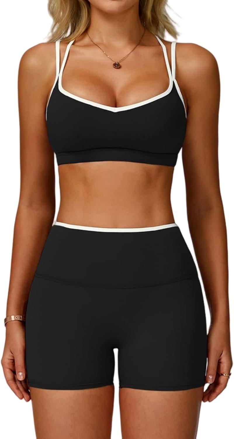 ABOCIW Workout Sets for Women 2 Piece Color Block Strappy Sports Bra High Waist Shorts Gym Yoga Pilates Outfits