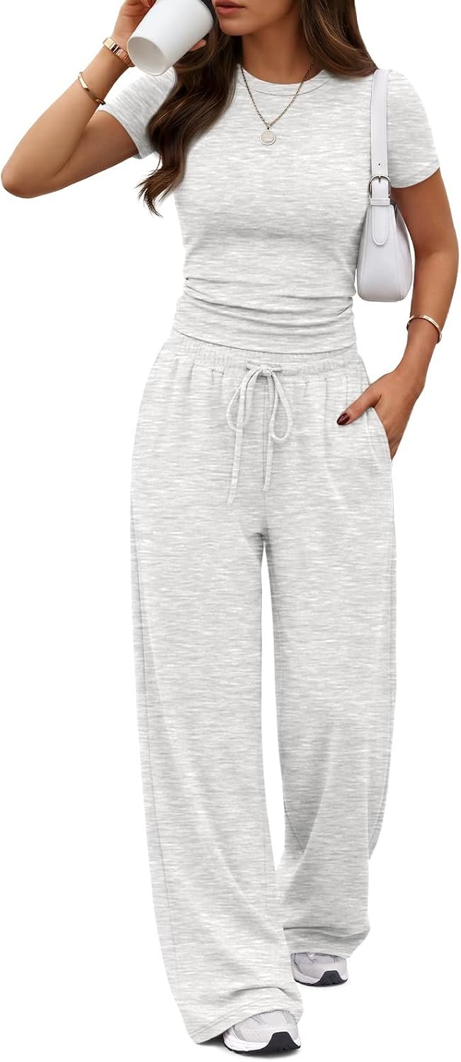 Trendy Queen Women’s 2 Piece Matching Summer Lounge Set with Pockets | Vacation Airport Travel Outfits, Workout Gym Clothing Comfy Athleisure Clothes, Side-ruched Top, Drawstring Wide Leg Pants