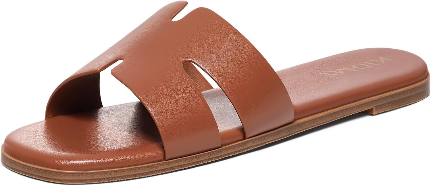 KIDMI Women’s Dressy Flat Sandals Comfortable Slip On Summer Leather Slides | Soft Premium PU Upper, Cushioned Footbed, Lightweight Square Toe Sandals