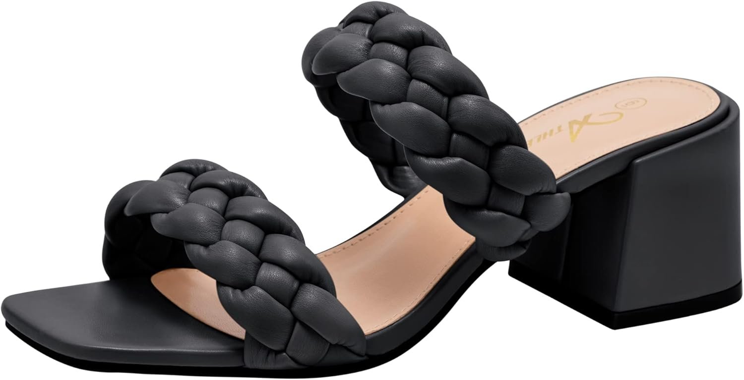 Athlefit Women’s Braided Heeled Sandals Strappy Square Open Toe Heels Backless Mules Slip On Block Heels
