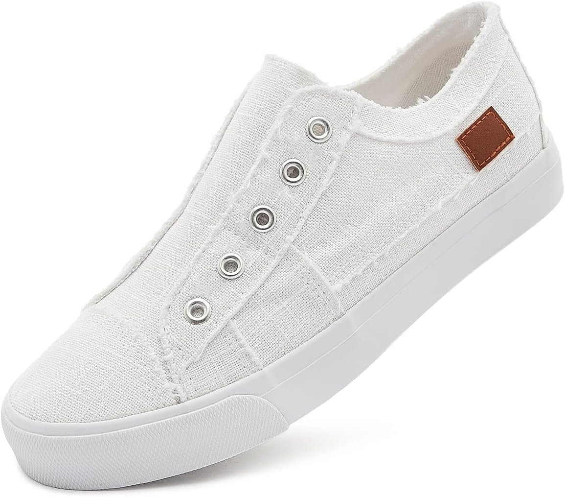XRH Women’s Slip On Canvas Sneakers Non Slip Casual | White & Black Canvas Slip On Sneakers for Women, Non Slip Casual Tennis Shoes, Low Top Comfort Walking Shoes
