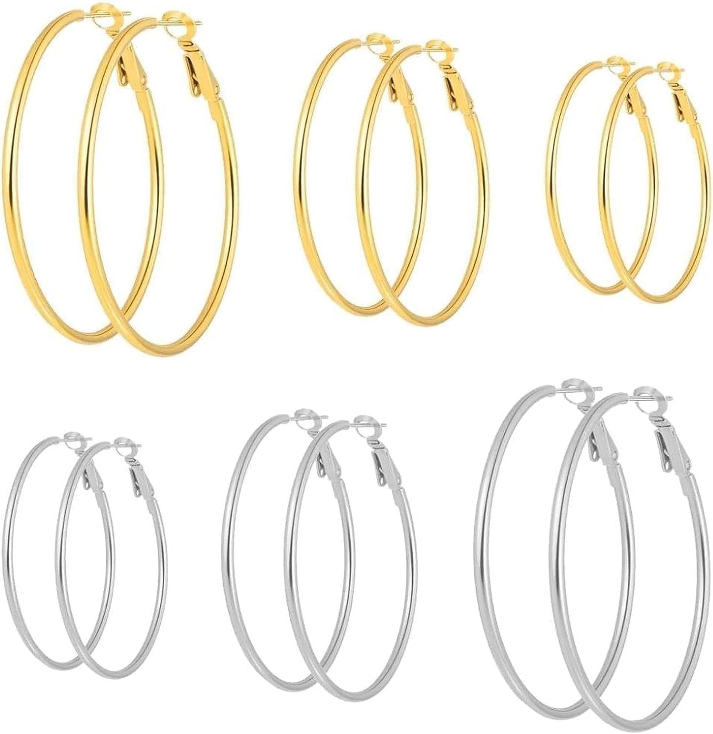 6 Pairs Gold Silver 316L Steel Hypoallergenic Hoop Earrings Set for Women | 3-5cm Lightweight Stainless Earrings Set,Lead and Nickel Free Comfortable and Safe for Sensitive Ears Jewelry for Women
