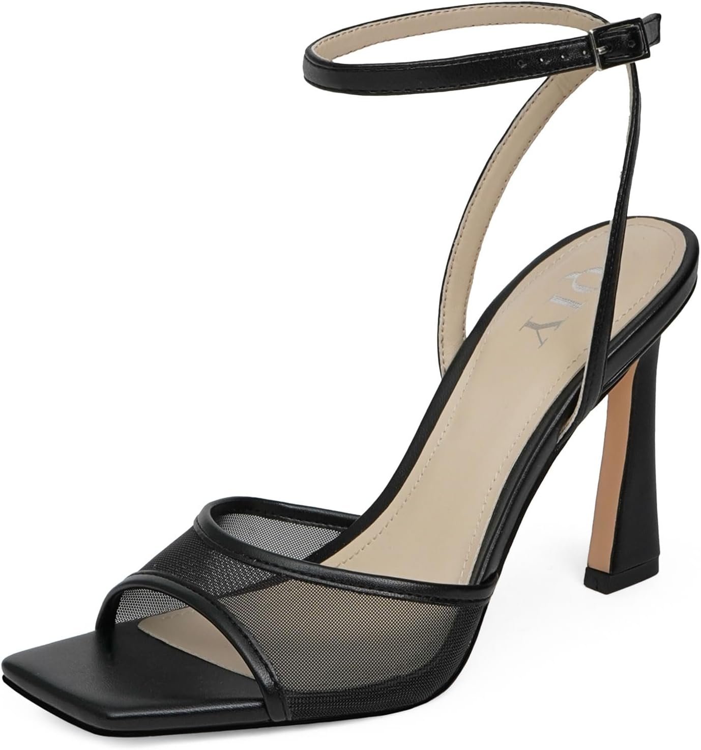 QIY Strappy Heels for Women Heeled Sandals Square Toe Heel Ankle Strap Stiletto Mesh High Heels Dress Shoes