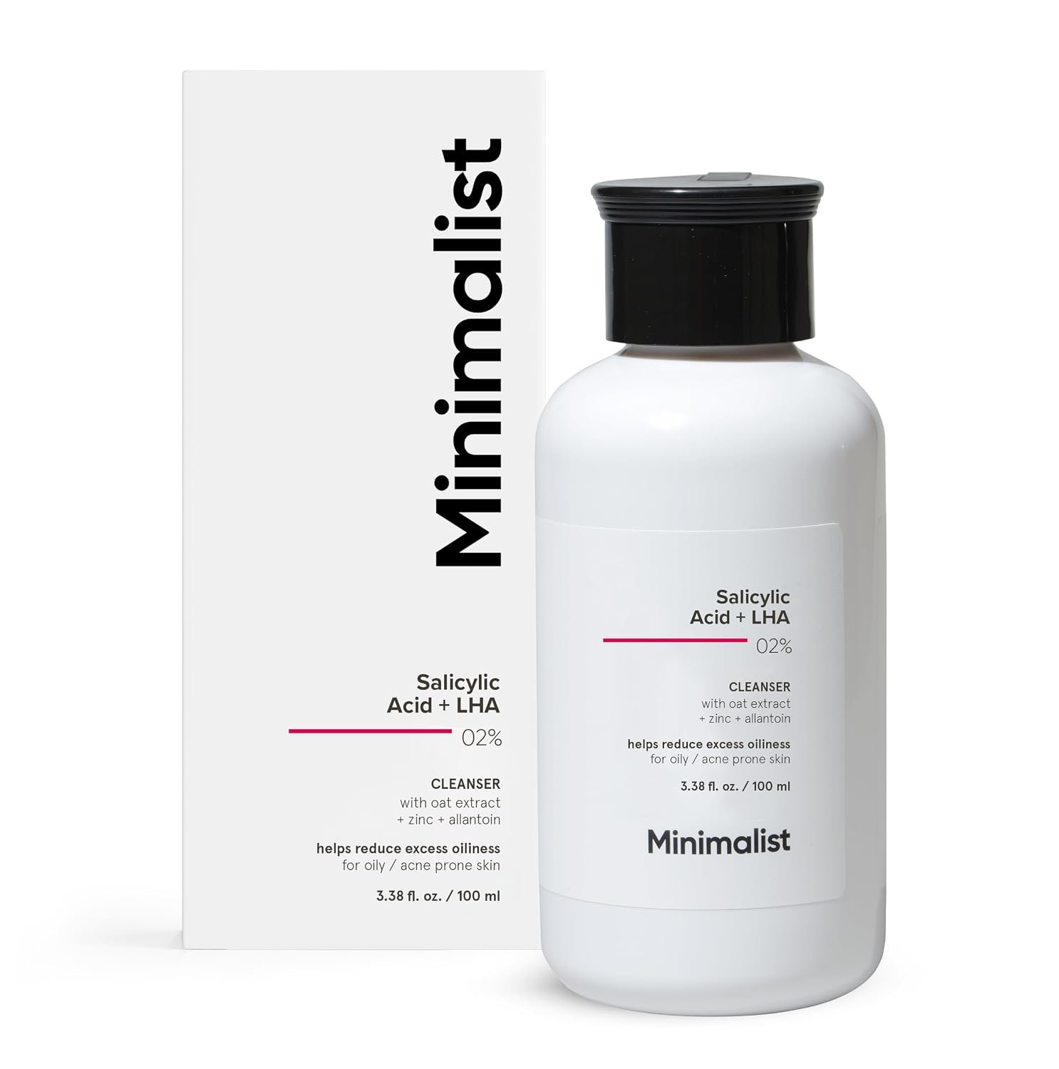 Minimalist Salicylic Acid 2% Face Wash for Oily, Acne Prone Skin | Face Cleanser With LHA & Zinc | Sulphate free Gentle BHA Liquid Exfoliant | For Women & Men | 3.4 Fl Oz / 100 ml