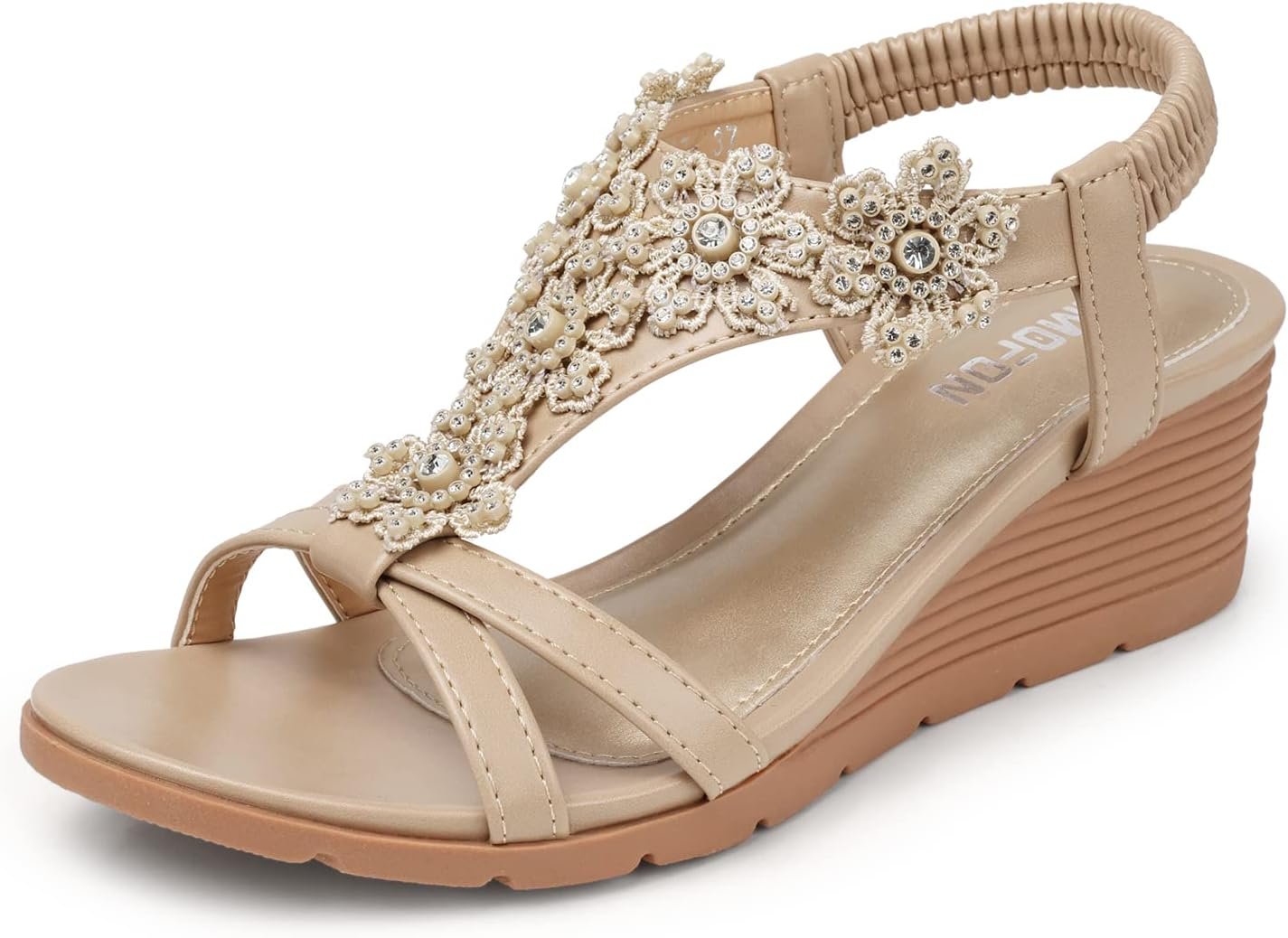 TEMOFON Women’s Low Wedge Heels Summer Dressy Platform Sandals | Elastic Ankle Strap, Open Toe Flower Shoes for Wedding, Comfortable Cushioned for Casual Wear