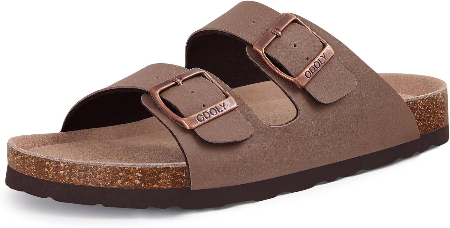 ODOLY Unisex Comfortable Cork Footbed Slide Sandals with Arch Support | Adjustable Buckle, Lightweight Summer Sandals for Travel and Everyday Wear