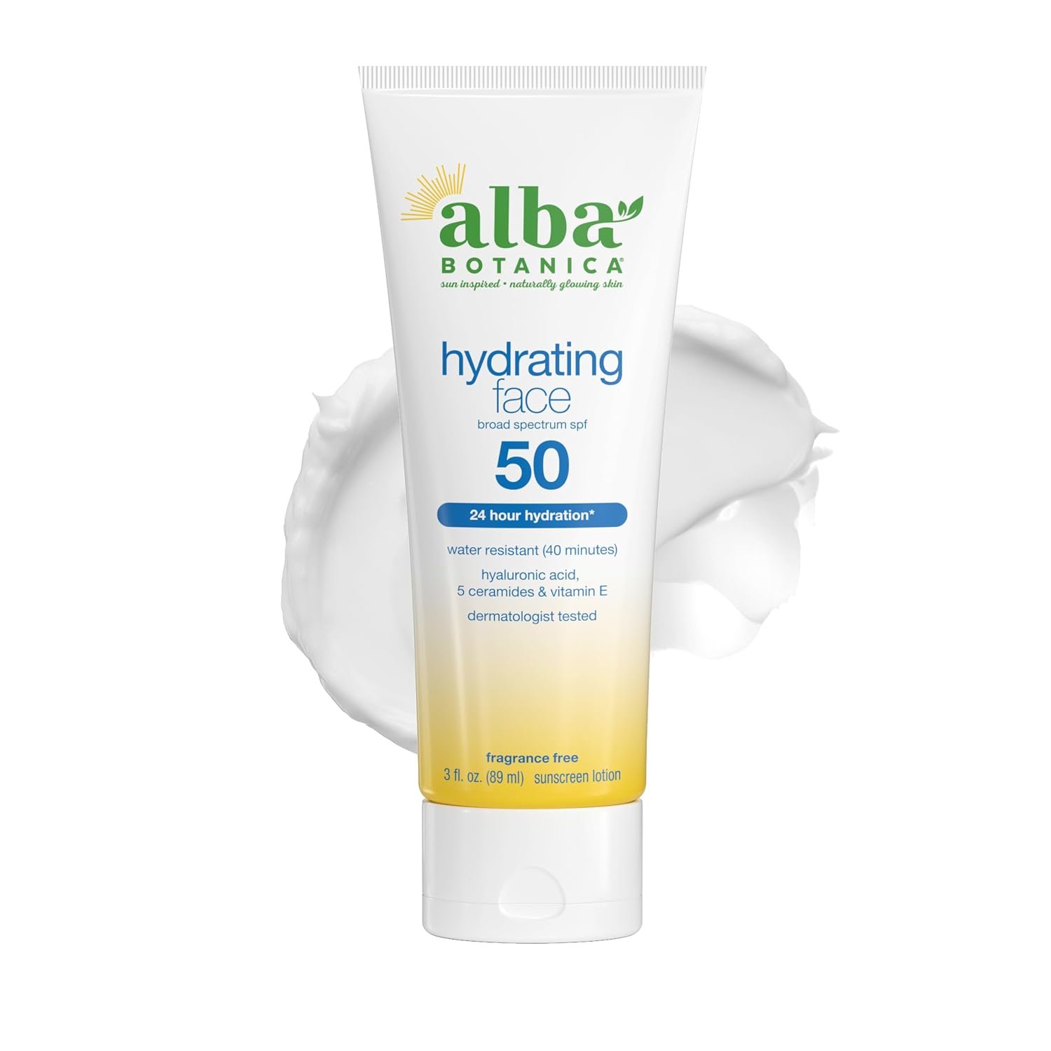Alba Botanica Hydrating Face Sunscreen Lotion, SPF 50 Broad Spectrum Protection, 24 Hour Hydration, Water Resistant (40 minutes), Fragrance Free, Oxybenzone-Free, 3 Fl. Oz