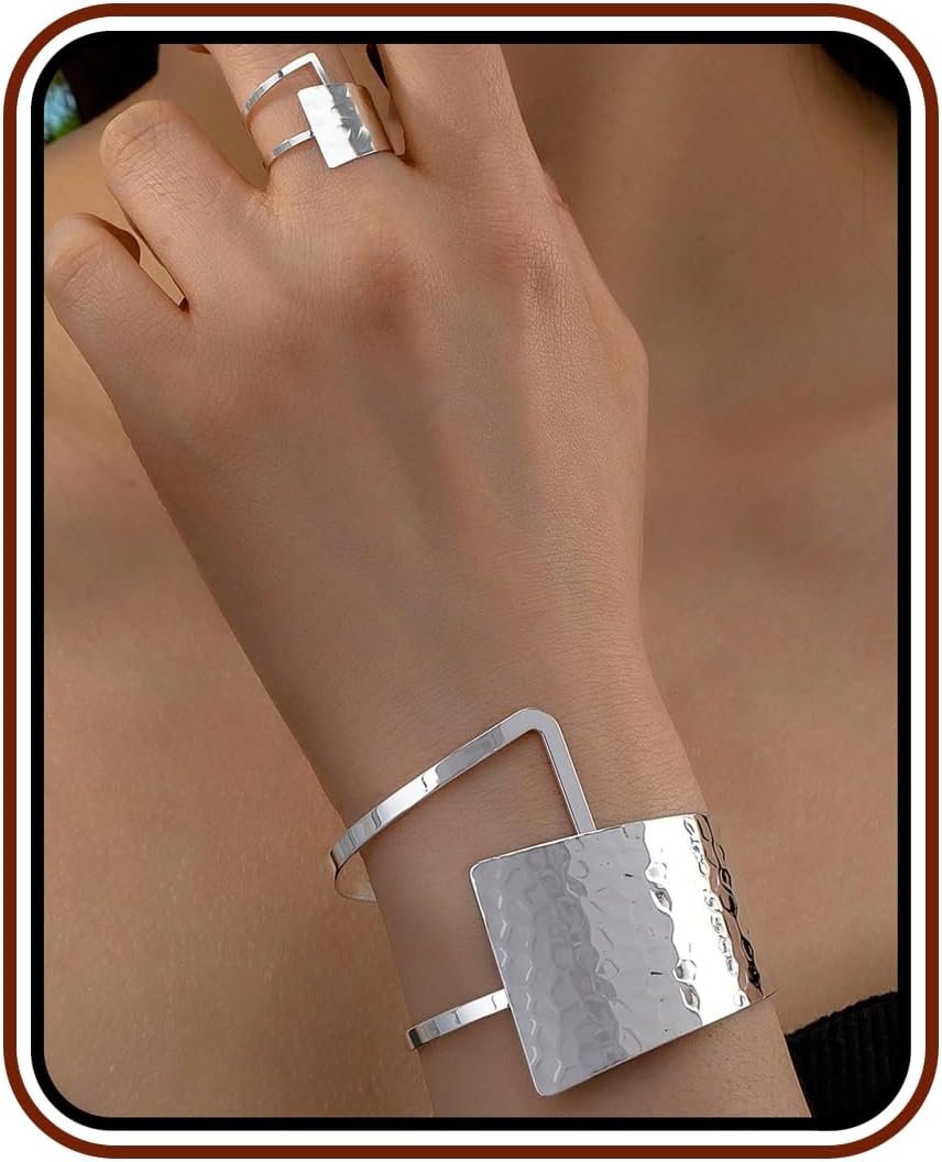 Asymmetrical Geometric Bracelet Ring Set for Women – Hammered Metal Open Cuff Adjustable Jewelry, Minimalist Gold Silver Statement Accessories