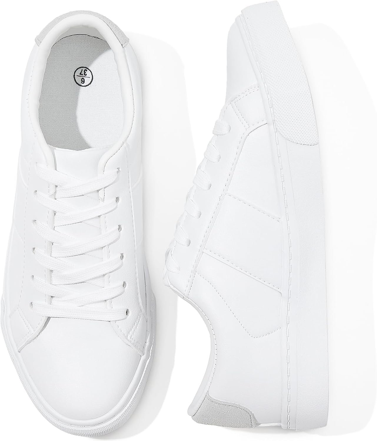 kufeiti White PU Leather Sneakers for Women Low Top Lace Up Tennis Shoes Women’s Fashion Casual Shoes Sneakers