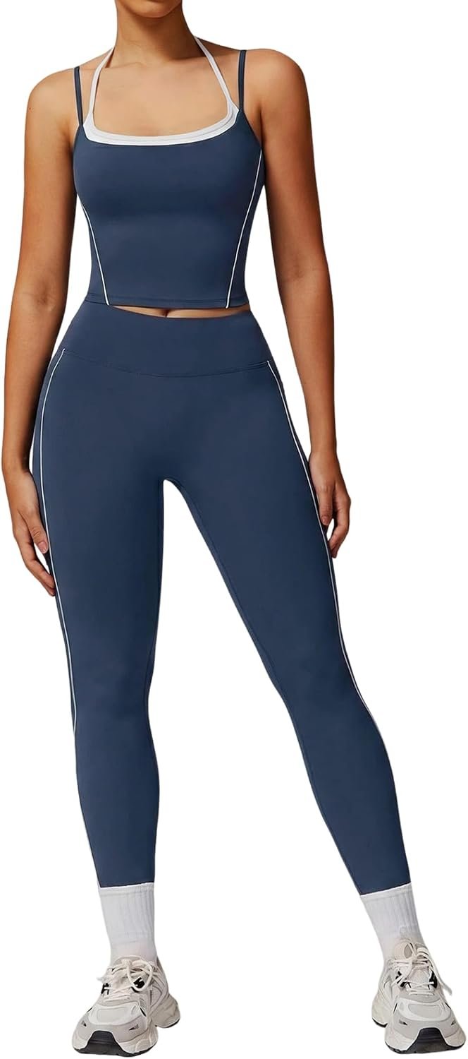 Womens Workout Sets Two Piece Spaghetti Straps Tank Top Matching High Waist Leggings Gym Work Out Outfits with Pockets
