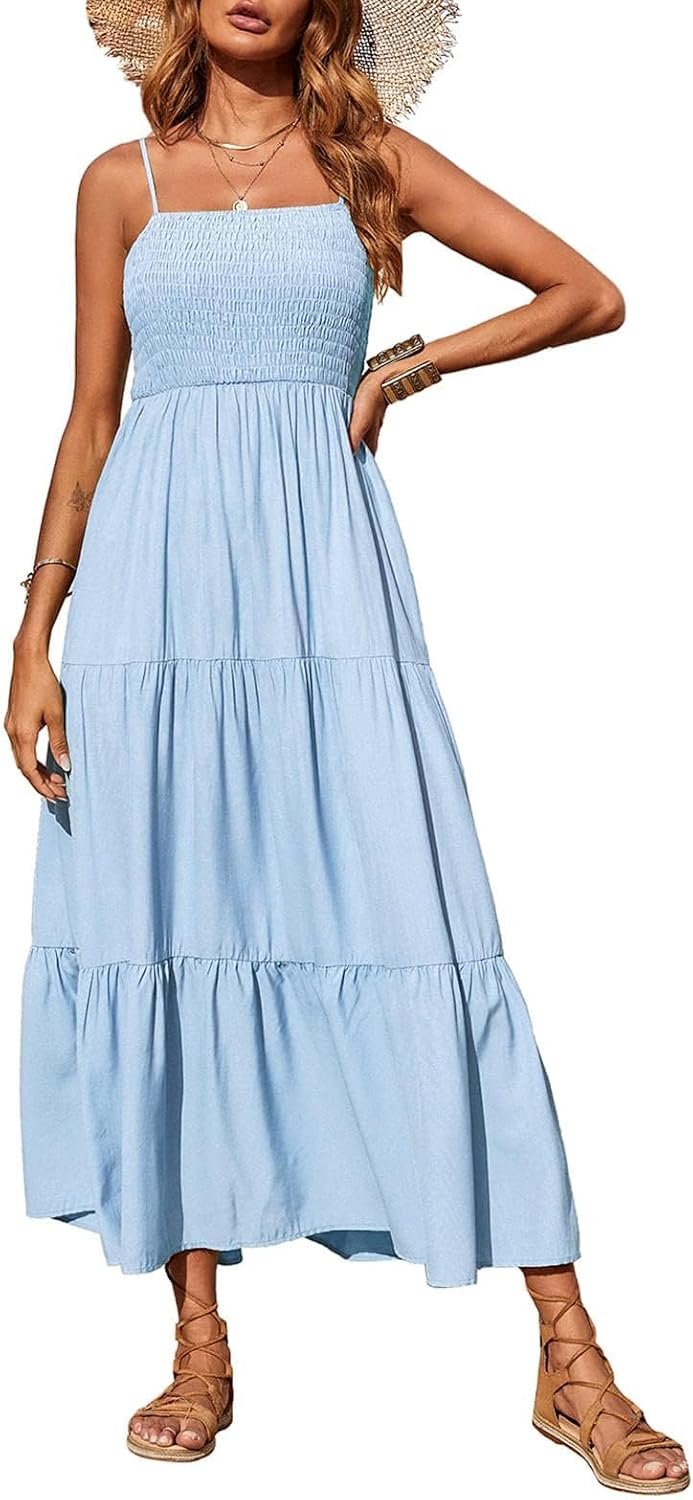 PRETTYGARDEN Women’s Summer Maxi Dress 2026 Spaghetti Strap Sundresses | Boho Dress, Sleeveless, Smocked, Flowy Tiered A Line Long Dress, Beach Vacation, Party, Wedding Guest