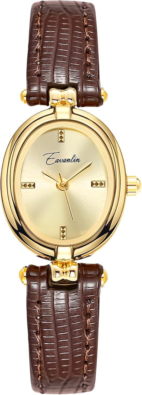CARLIEN Womens Fashion Small Gold Oval Quartz Watches Vintage Leather Band Waterproof Luxury Casual Ladies Bracelet Wrist Watch Brown Black