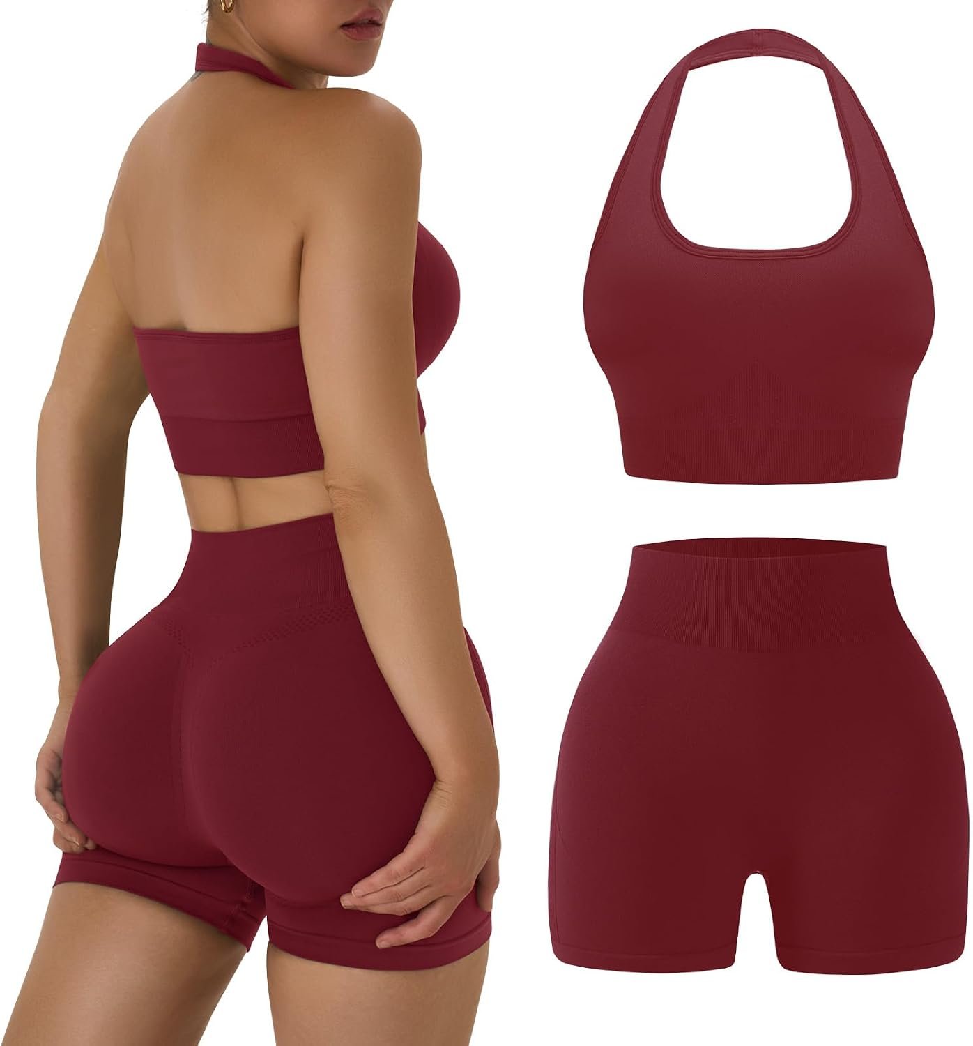 Workout Sets for Women 2 Piece Backless Halter Sports Bra High Waist Booty Shorts Yoga Gym Outfits Lounge Activewear