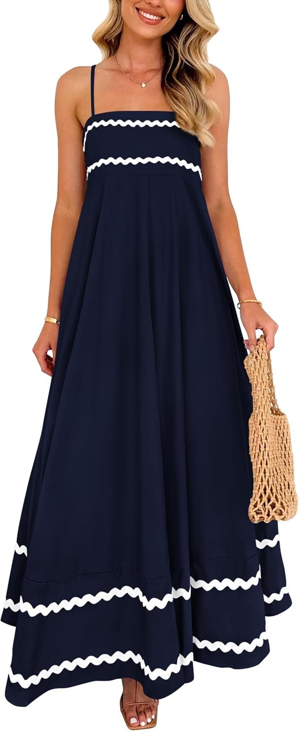 PRETTYGARDEN Women’s Summer Spaghetti Strap Boho Maxi Dress | Sleeveless Flowy Sundress, Square Neck, High Waist, Ruffle Swing A Line Long Dresses Pockets, Party, Beach Vacation Clothes