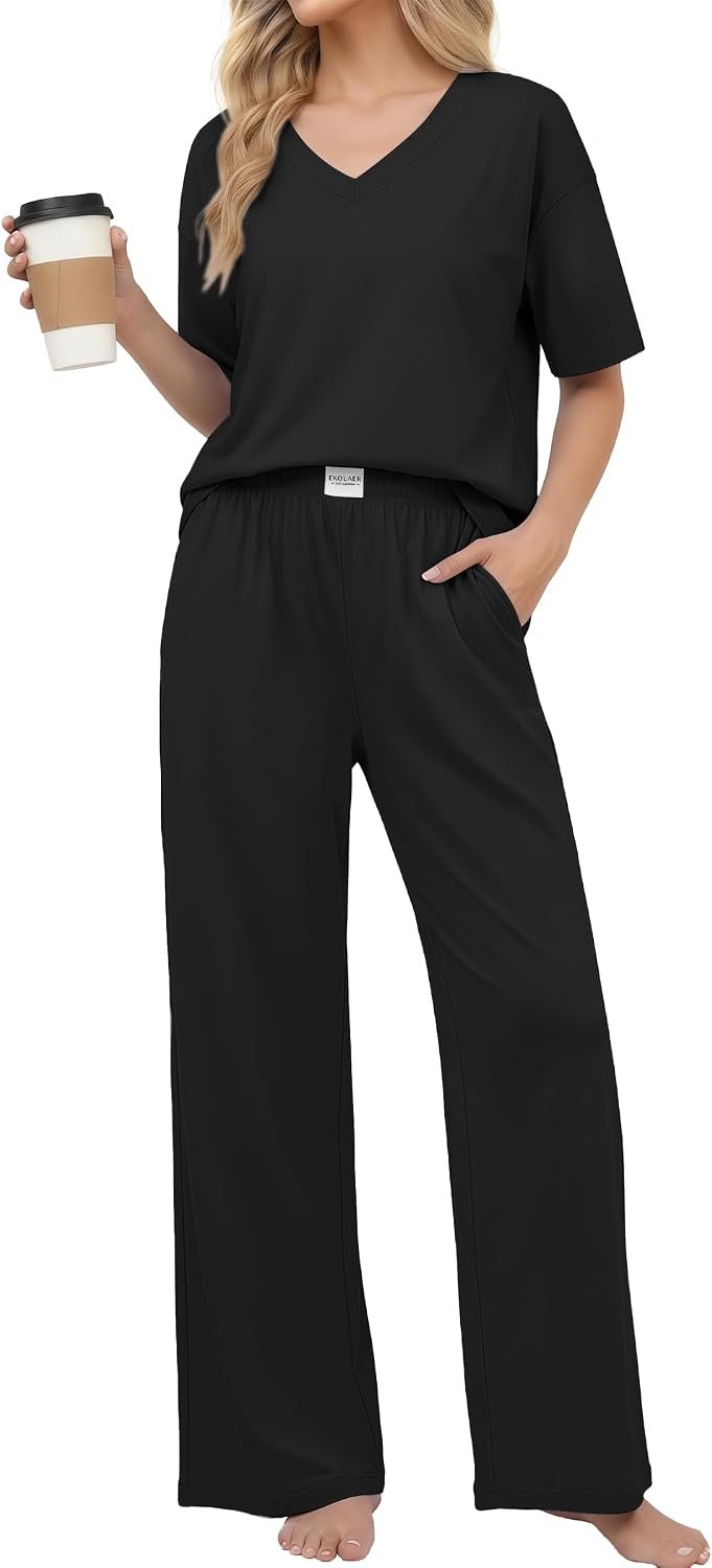Ekouaer Womens Pajama Sets Cotton Short Sleeve Sleepwear Long Pants Lounge Set Soft Pjs with Pockets S-XXL