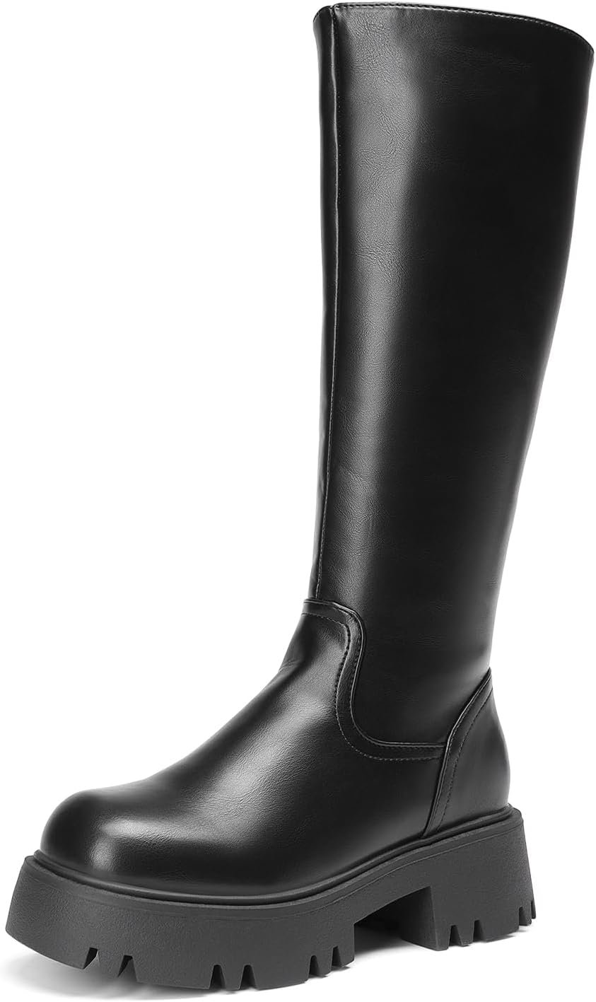 DREAM PAIRS Knee High Platform Chunky Boots for Women | Round-Toe, Side Zipper, Elastic Panel, Slip-resistant TPR Lug Outsole, Soft Resilient Lining