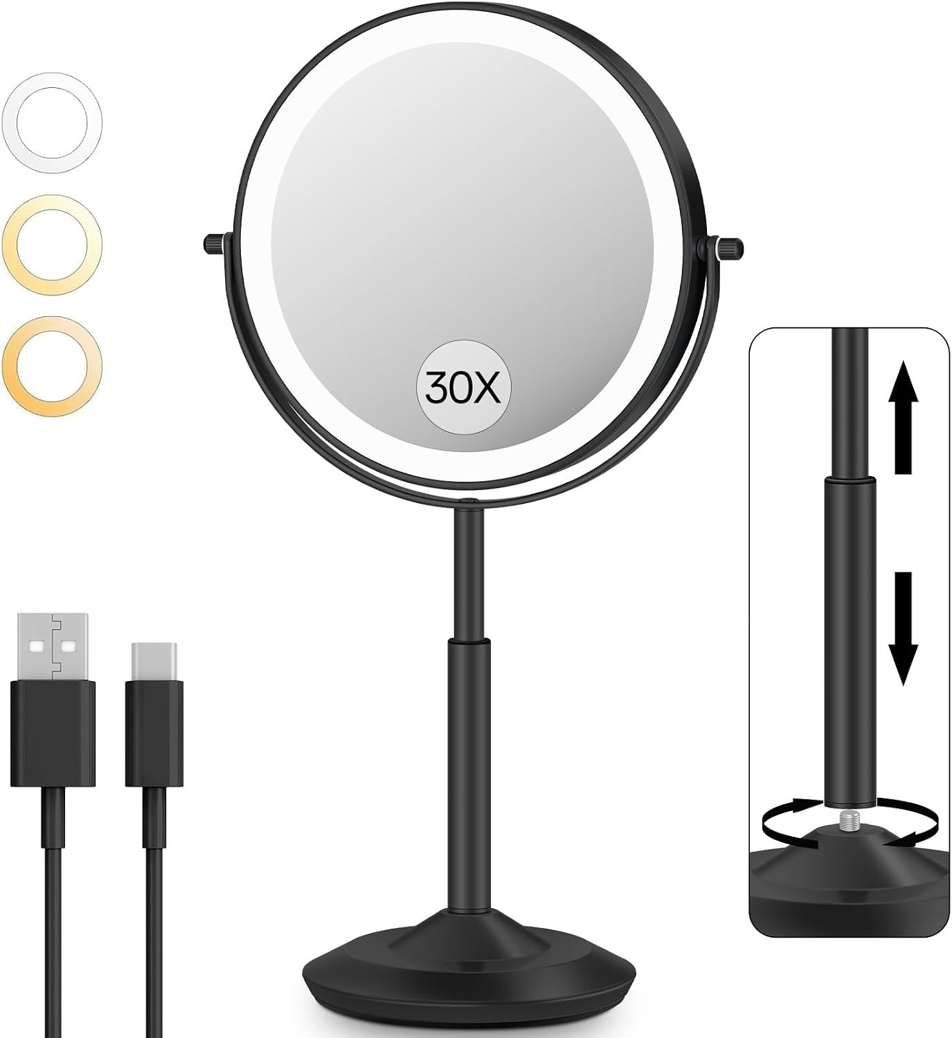 VFD 8” 30X/1X Magnifying Makeup Mirror with Lights Height Adjustable | Lighted Vanity Mirror with 3 Color Adjustable Brightness, 3000mAh Rechargeable Double Sided Switch for Desk Women Gift