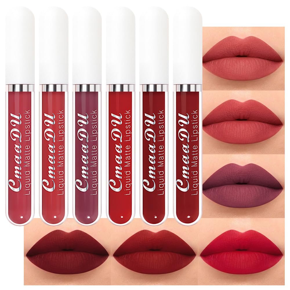 evpct 6Pcs Lipstick Matte Liquid Lipstick Lipgloss Set for Women, Dark Deep Bright Ruby Sexy Brick Red Mauve labiales mate 24 horas originales matte larga duracion 24 Hour Lipstick Long Lasting