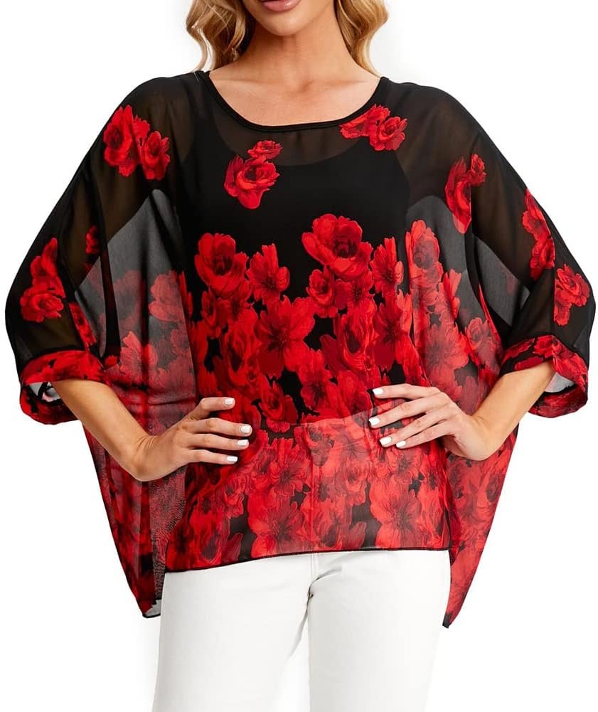 Ckikiou Batwing Semi Sheer Chiffon Beach Cover Ups for Women | Short Front Long Back Blouse, Loose Fit, Boho Floral Printed, Summer Poncho Overlay, Vacation, Swimwear