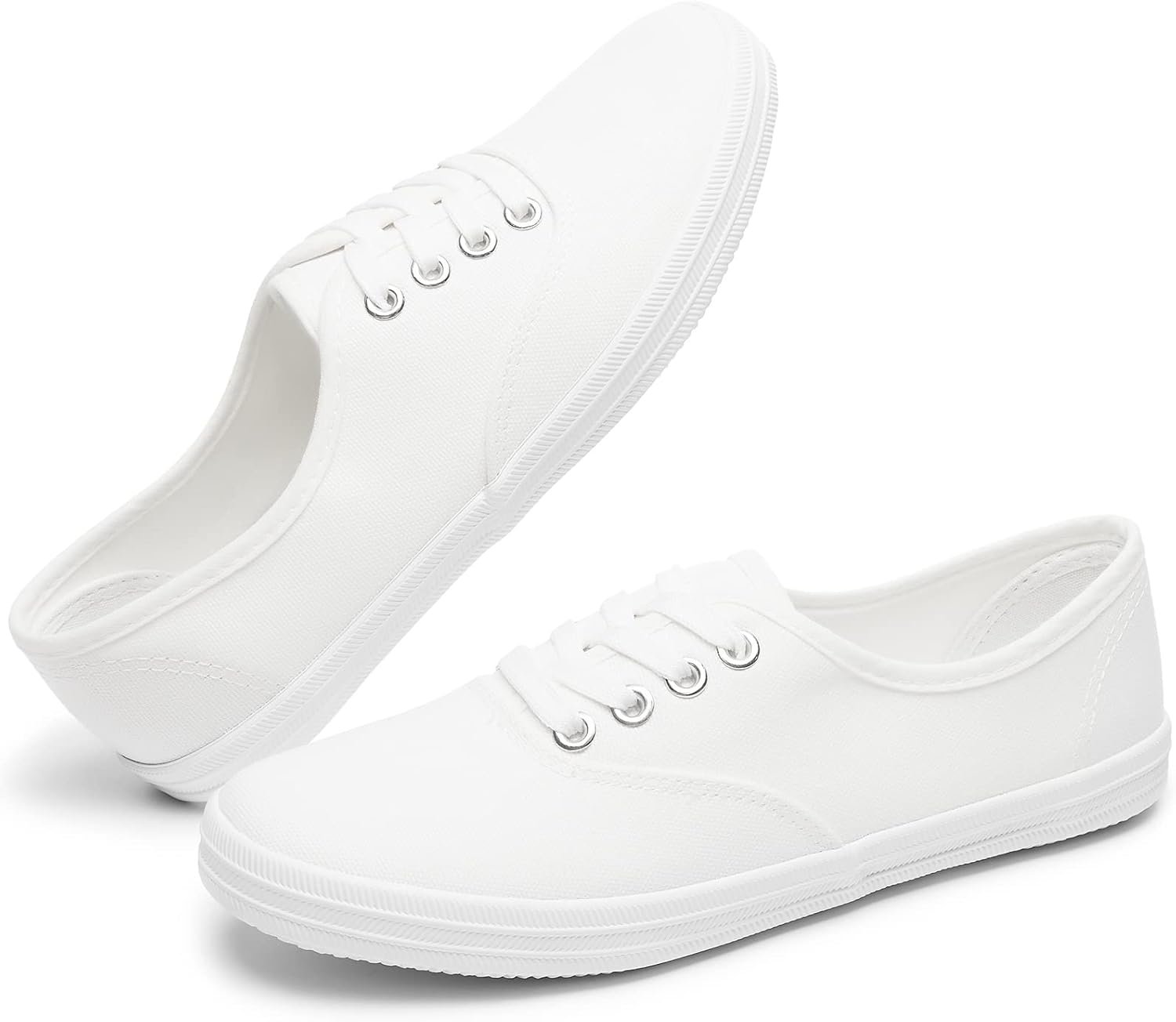 TUOPIN Womens White Canvas Sneakers Low Top Lace-up Casual Tennis Shoes | Breathable canvas, non-slip sole, lace-up, round-toe, slip-on for walking, tennis, casual.