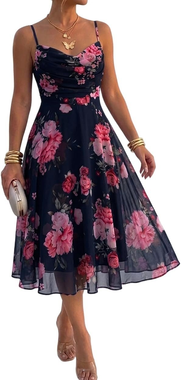 CHICME Women’s Floral Mesh Midi Dress for Summer Cocktail | Lightweight Flowy Fabric, Floral Sheer Mesh, Cowl Neck Adjustable Strap A Line Dress for Wedding Guest Date Party Vacation