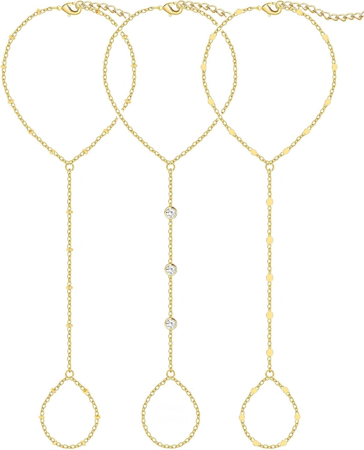 3PCS 14K Gold-Plated Hand Chain Bracelets for Women, Stack Bracelets Set Adjustable, Trendy Dainty Ring Bracelet Hand Chain