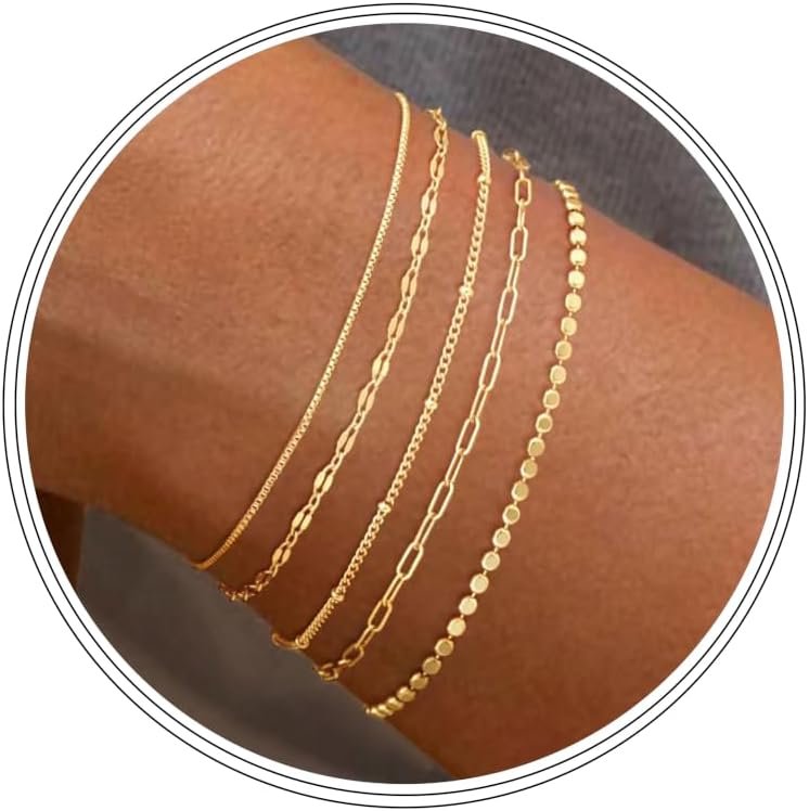 Dainty Simple Gold Bracelets for Women, Stackable Satellite Paperclip Lip Bracelet Set Tiny Lip Dot Chain Box Link for Handmade Gift Minimalist Cute Trendy Jewelry Gold Accessories for Women