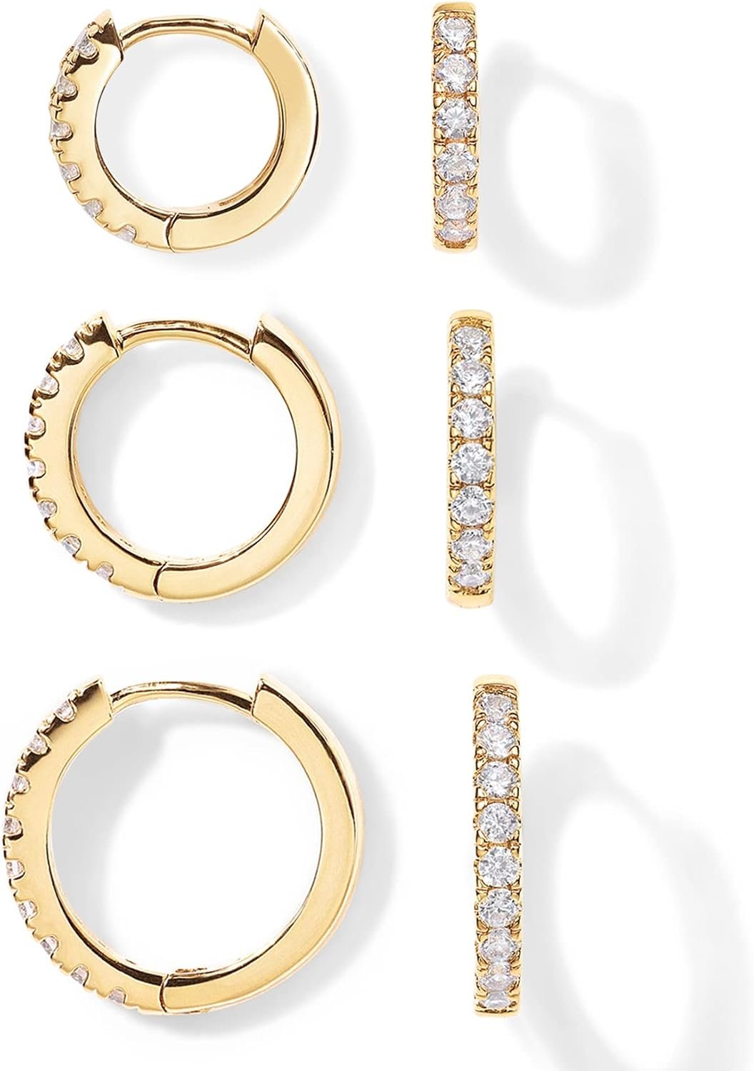 PAVOI Gold Huggie Earrings for Women, 14K Gold Plated CZ Set of 3 | 925 Sterling Silver Posts, Small Hoop Earrings for Women, Hypoallergenic Earrings, Earring Pack