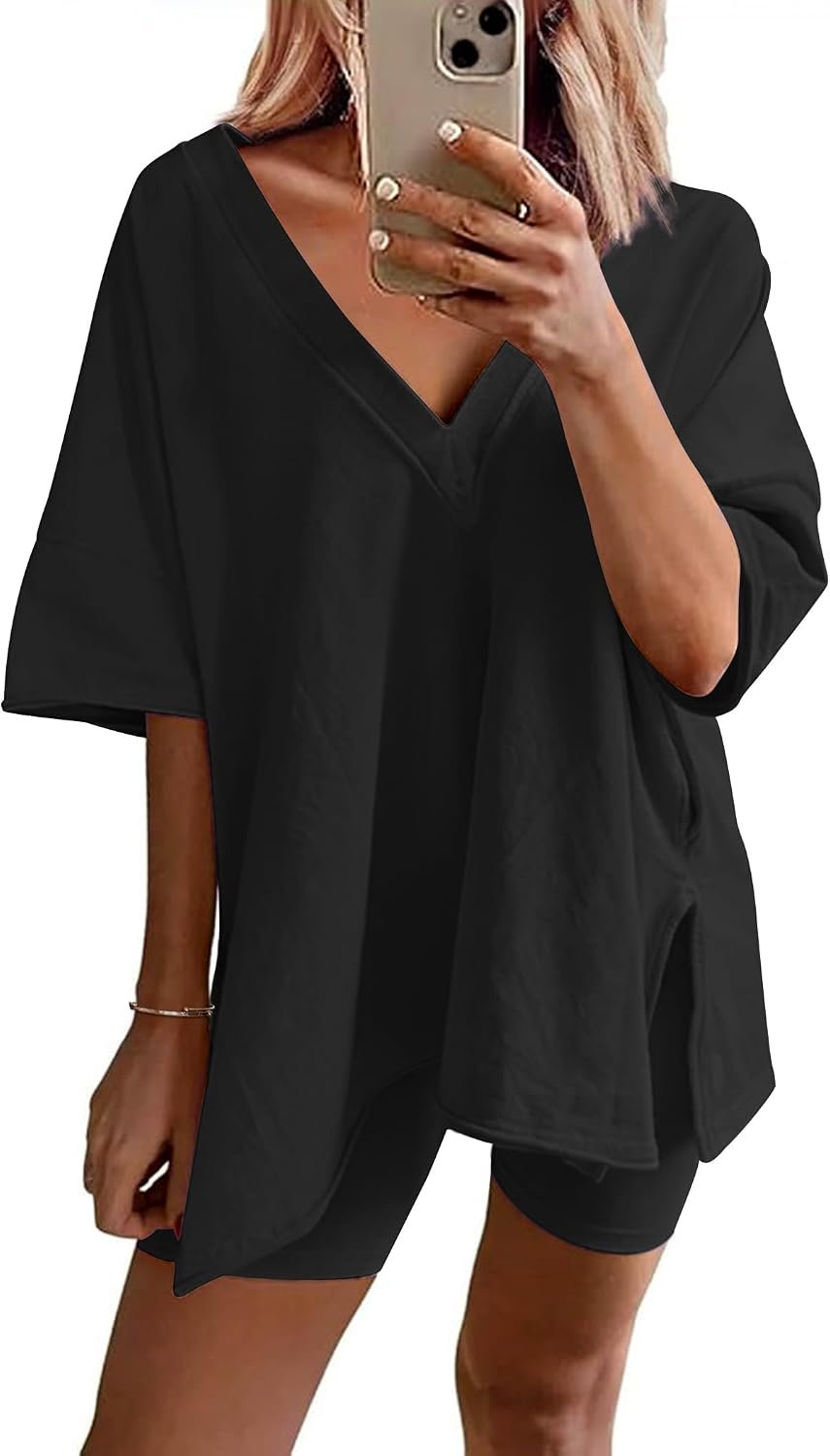 Ekouaer Womens 2 Piece Lounge Set Oversized V Neck Top Biker Short Pajamas | Breathable, Elastic Waist, Reversible Top, Soft Loungewear, Casual Daily Workout, Summer Outfits
