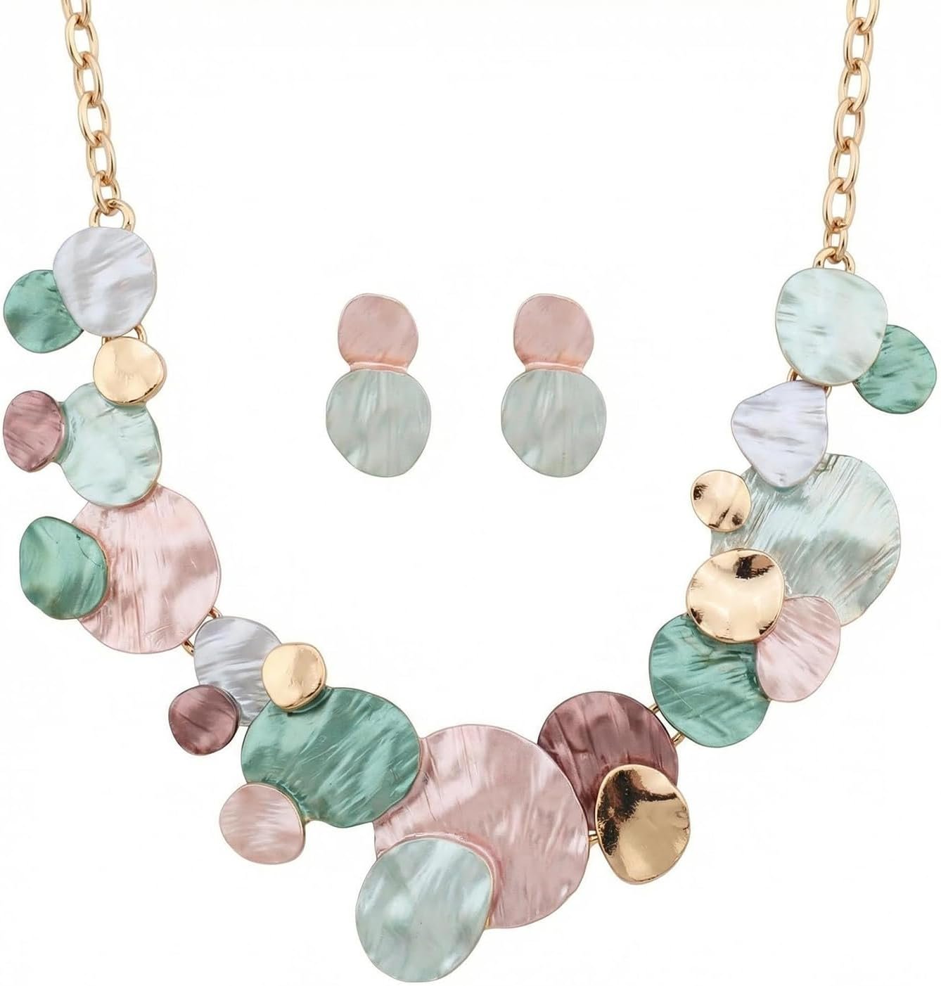 Pastel Round Coin Jewelry Set for Women Minimalist Disc Geometric Chain Link Adjustable Bib Collar Statement Necklace with Dangle Drop Stud Earrings Fashion Trendy Jewellery Pack