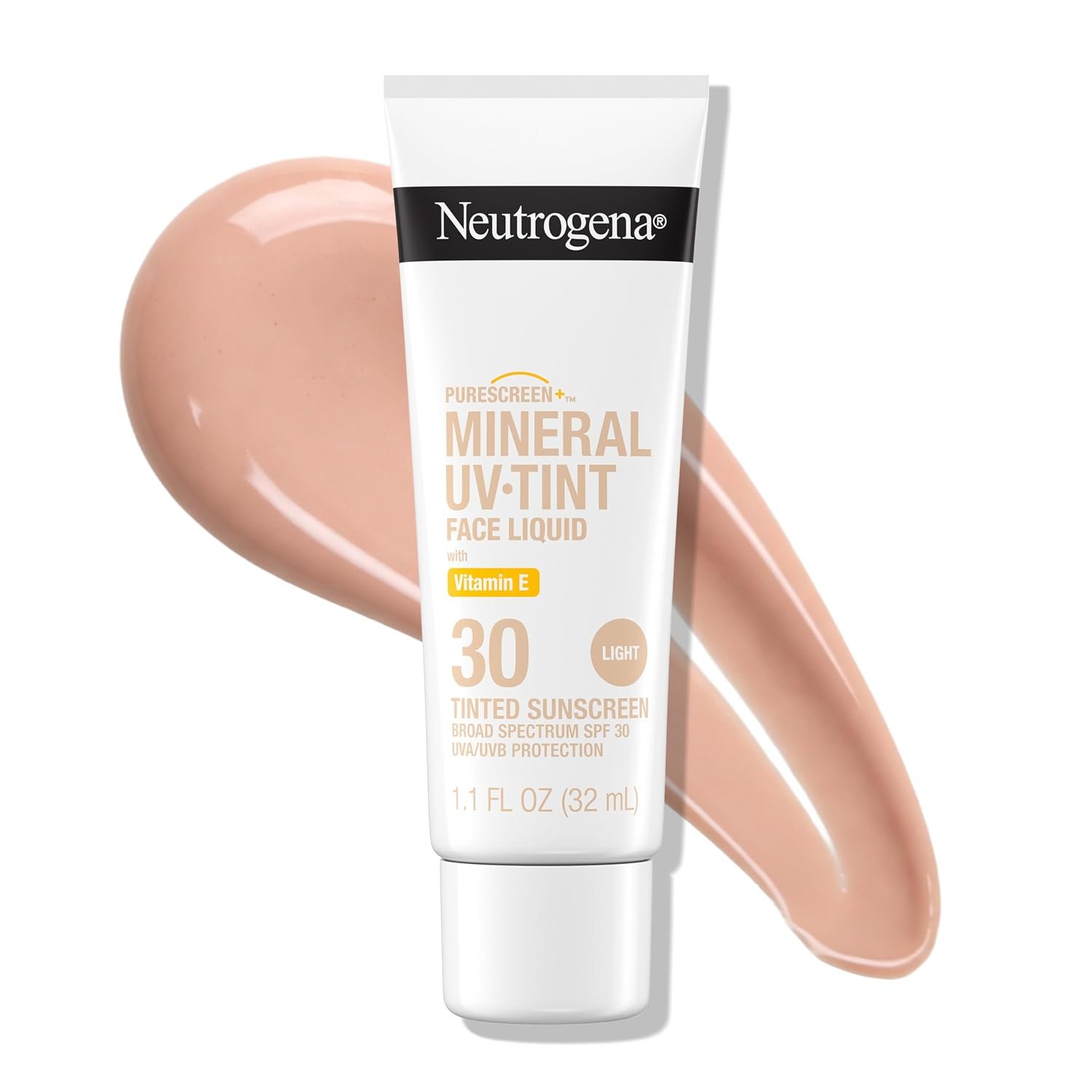 Neutrogena Purescreen+ Tinted Sunscreen for Face SPF 30, Broad Spectrum Mineral Sunscreen with Zinc Oxide & Vitamin E, Water Resistant, Fragrance Free, Light, 1.1 fl oz