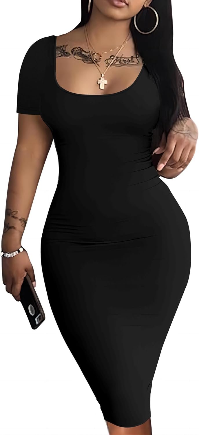 Nimsruc Summer Bodycon Dresses for Women Short Sleeve Basic Midi Club Dress | Round neck Women pencil sundresses,slim fit,comfy stretch fabric for summer club party daily women night outfits