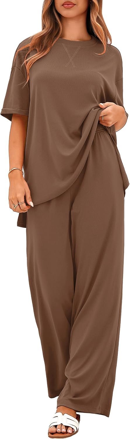 Totatuit Two Piece Sets For Women Summer Travel Vacation Airport Outfits Short Sleeve Oversized Loungewear Sets