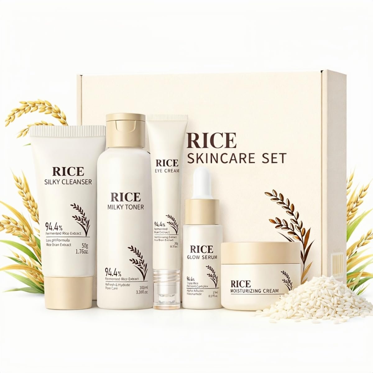 Rice Skincare Set for Women, 5-Step Hydrating Facial Skincare Kit with Cleanser Toner Serum Eye Cream & Moisturizer, Lightweight Non-Greasy, Gentle Face Care Gift Set for Sensitive Skin
