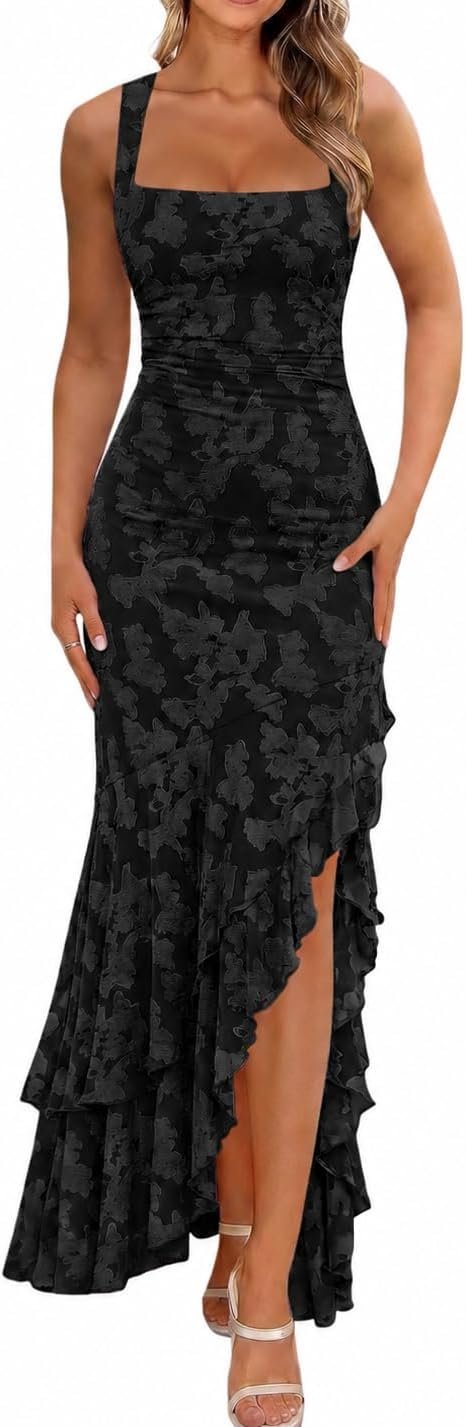 BORIFLORS Women’s Elegant Ruched Floral Maxi Wedding Guest Dress | Mermaid Ruffle,Cocktail Formal Homecoming, Long Dresses