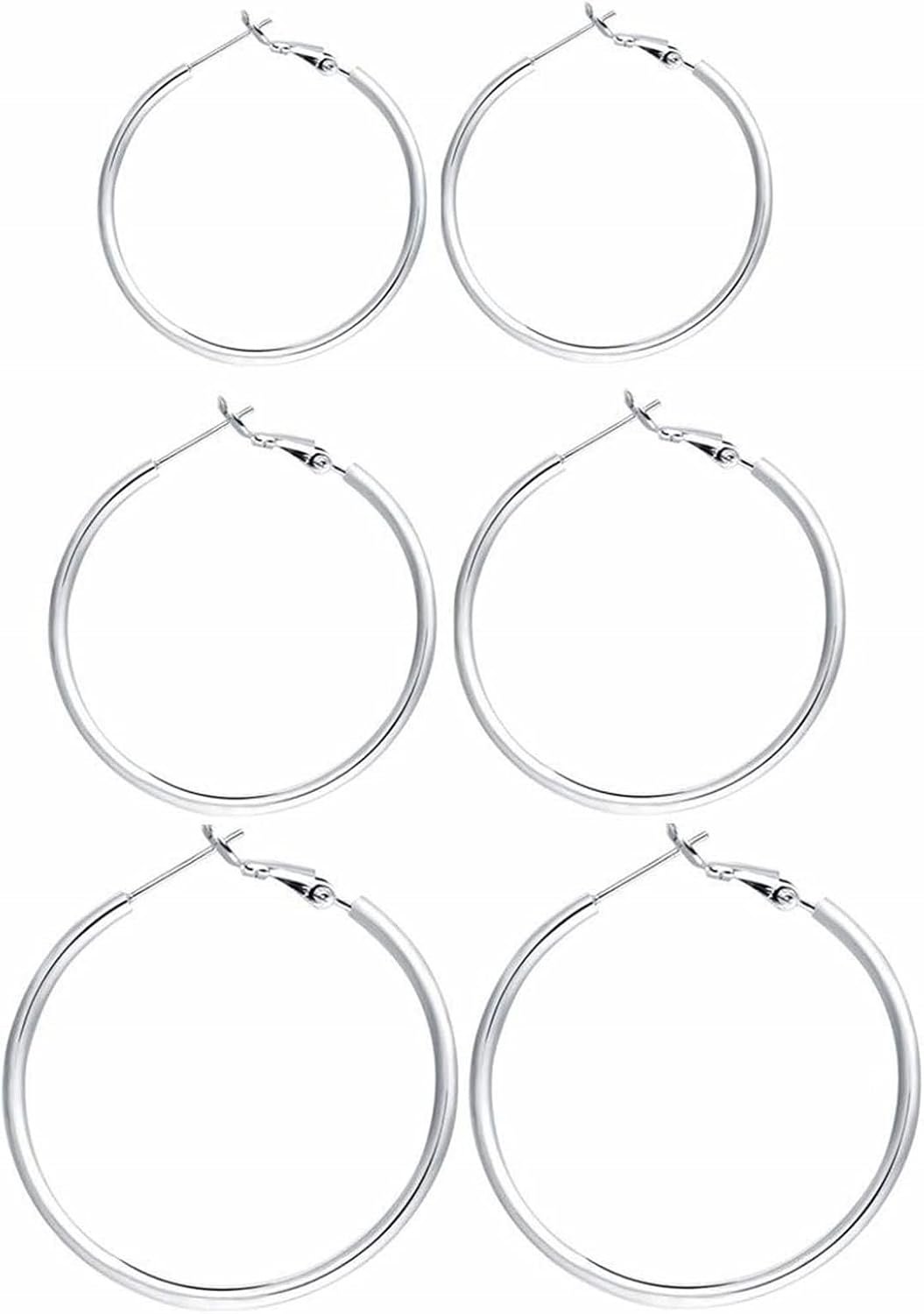 3 Pairs Sterling Silver Large Hoop Earrings Set for Women 40 50 60MM | 14K White Gold Plated, Hypoallergenic