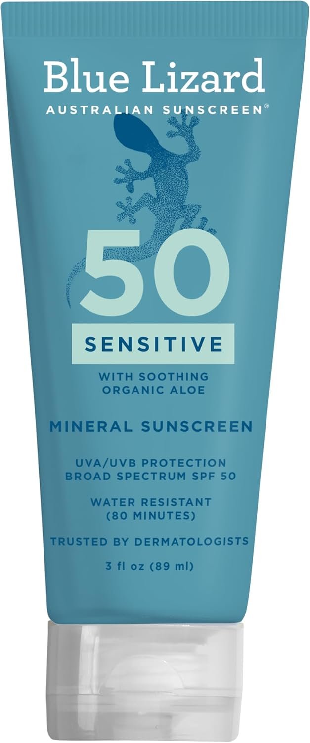 Blue Lizard SENSITIVE Mineral Sunscreen with Zinc Oxide, SPF 50+, Water Resistant, UVA/UVB Protection with Smart Cap Technology – Fragrance Free, 3 oz. Tube
