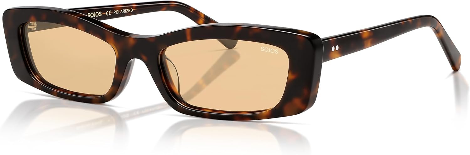 SOJOS Rectangle Polarized Acetate Sunglasses Women Sunrise | Retro 90s narrow style, UV400 lenses, lightweight wear