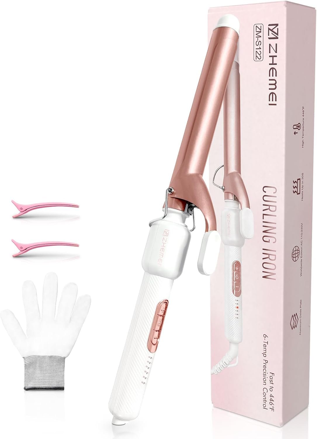 1 Inch Curling Iron, Dual Voltage Wand Curling Iron, Rosegold | Professional Curling Wand for Long Hair & Medium Hair – Ceramic Coating Barrel, Heats up to 446°F, 6 Temps