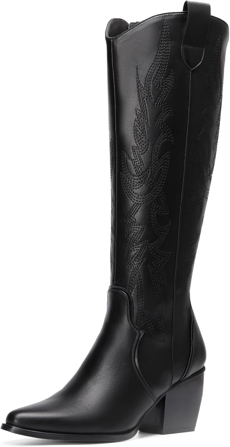 DREAM PAIRS Womens Cowboy Knee High Chunky Heel Boots | Wide Calf Comfortable Pull On Zipper Embroidered Western Cowgirl Knee High Boots Ladies Retro Tall Boot