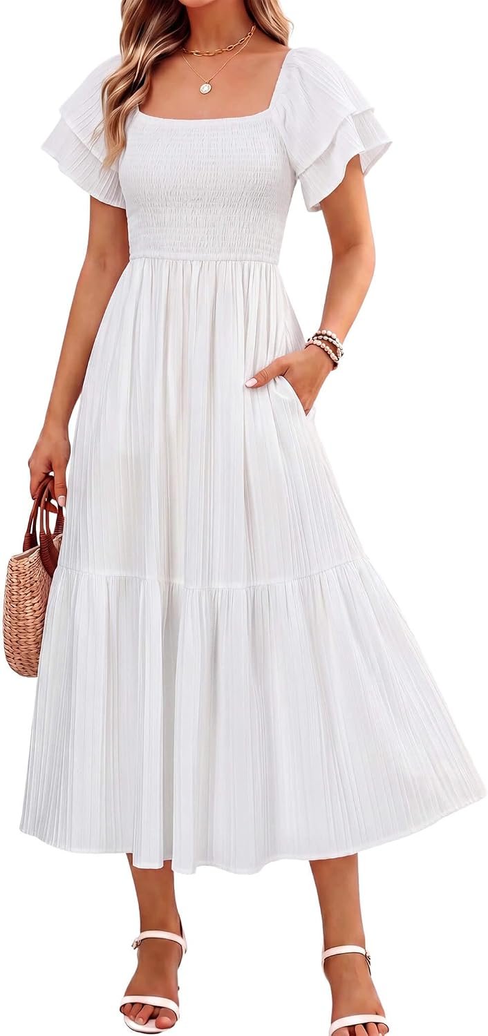 Women’s Summer Midi Dress Short Sleeve Square Neck Off Shoulder Ruffle Elastic High Waist Vacation Dress with Pockets