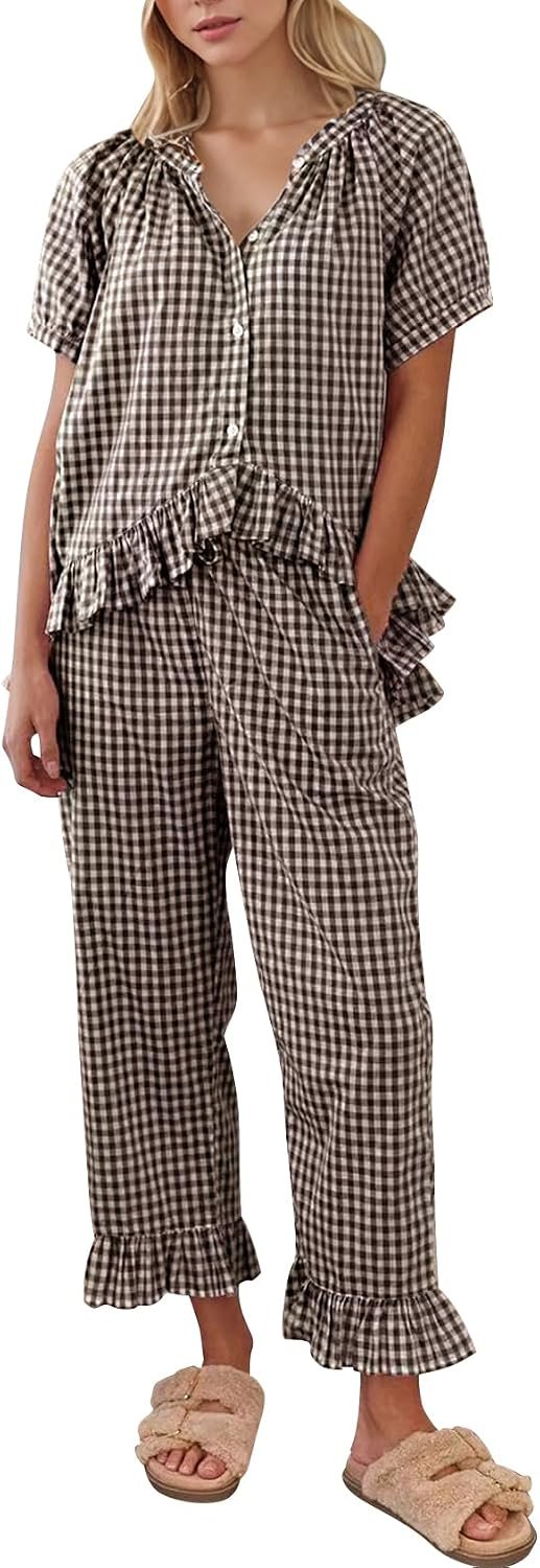 COZYPOIN Womens Gingham Pajama Set 2 Piece Plaid Cotton Pjs Cute Ruffle Sleepwear Maternity Bridesmaid Pajamas Loungewear