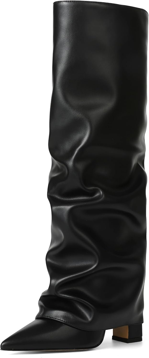SaraIris Women’s Slouchy Knee High Boots – Black, Pointed Toe, Fold Over, Chunky, Shark Boots