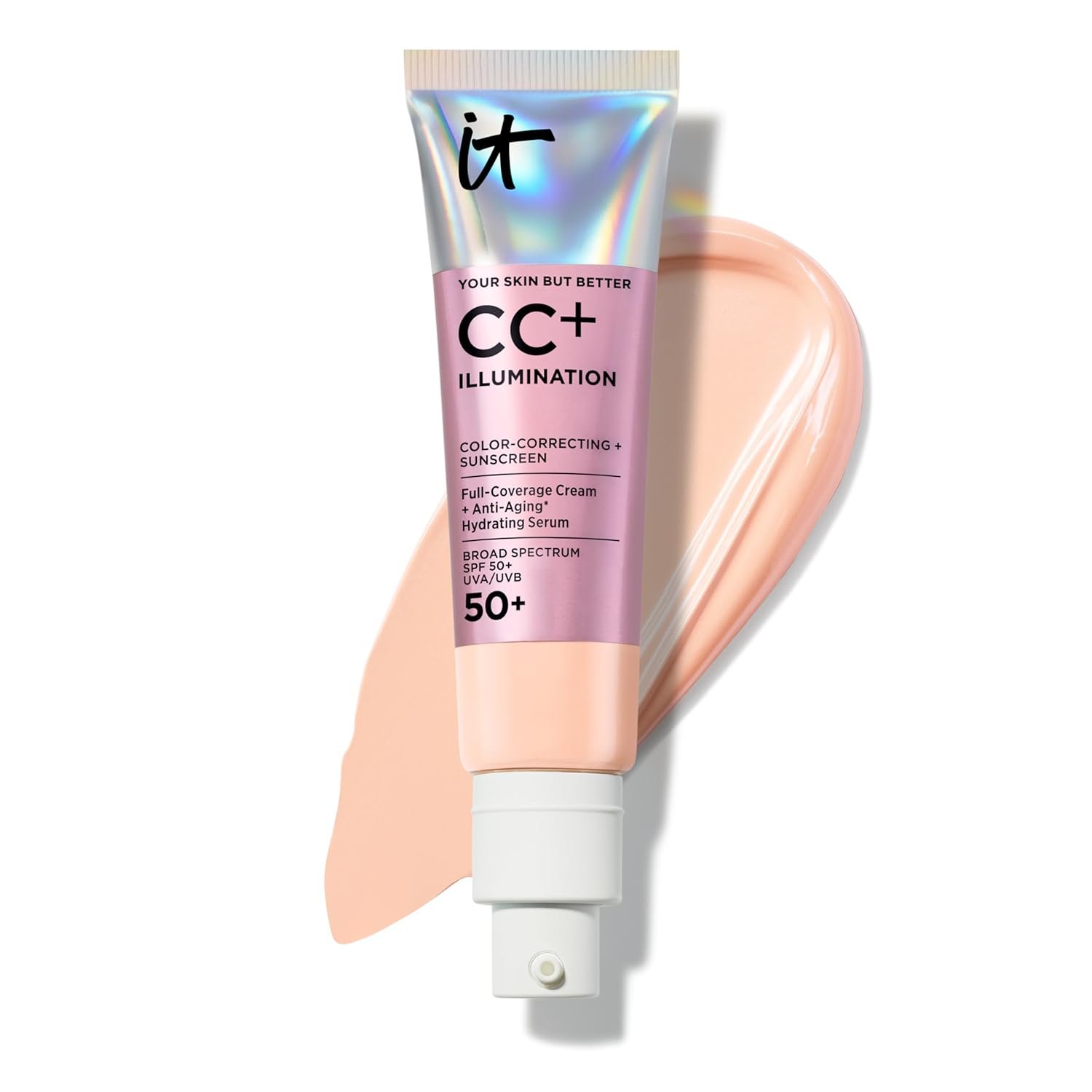 IT Cosmetics CC+ Cream Illumination Radiant Foundation with SPF 50+ | Full Coverage Color Correcting Foundation for Normal/Dry + Mature Skin – Anti-aging Hydrating Serum, Peptide + Niacinamide